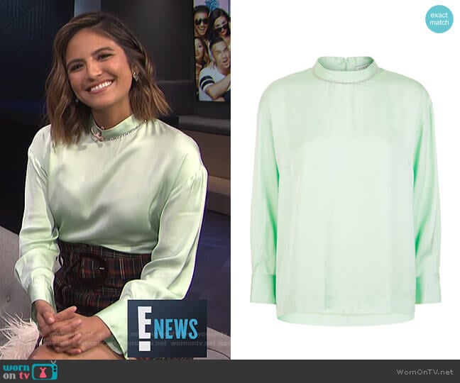 Embellished Satin Blouse by Sandro worn by Erin Lim on E! News