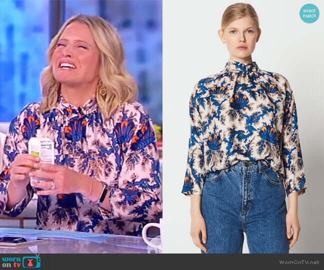 High-neck printed silk blouse by Sandro worn by Sara Haines on The View