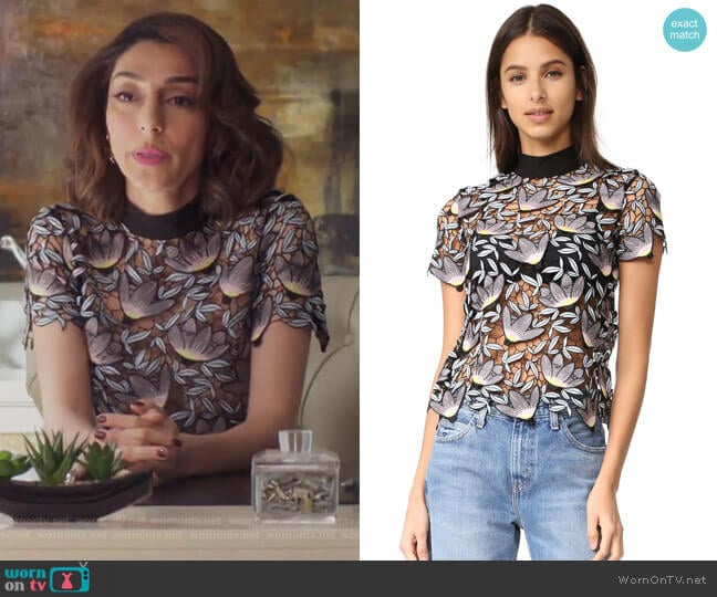 Peony Short Sleeve Top by Self Portrait worn by Delia (Necar Zadegan) on Girlfriends Guide to Divorce