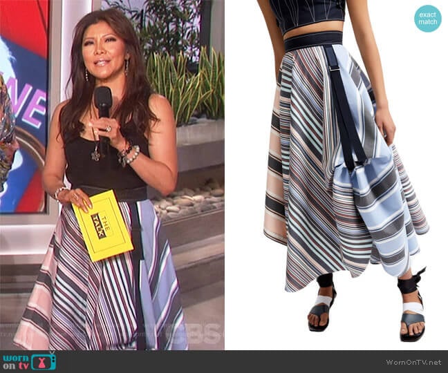 Transforming Striped Satin Maxi Skirt by Sportmax worn by Julie Chen on The Talk