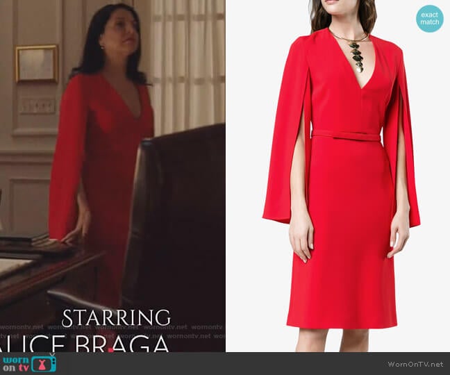 V neck split sleeve midi dress by Stella McCartney worn by Camila Vargas (Veronica Falcón) on Queen of the South