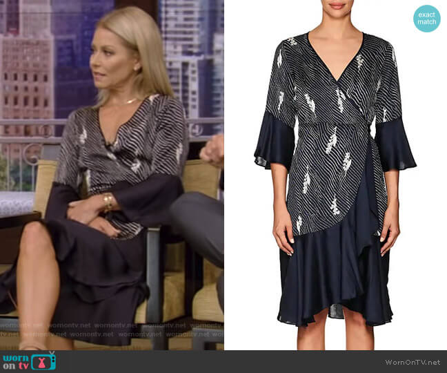 Dot-&-Floral Crepe Wrap Dress by Timo worn by Kelly Ripa on Live with Kelly and Mark