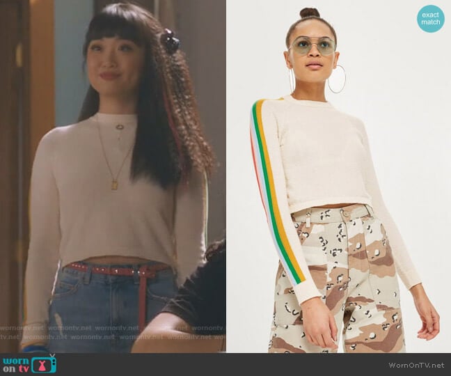  Rainbow Sleeve Detail Knitted Top by Topshop worn by Monica (Alice Lee) on Take Two