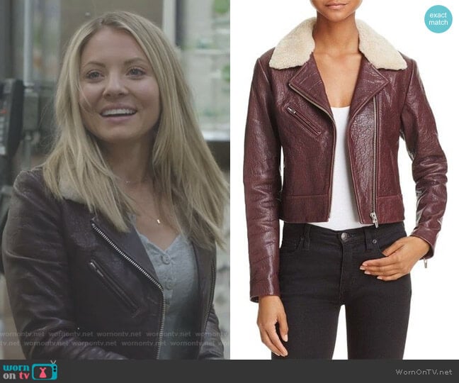 Nova Shearling-Collar Leather Jacket by Veda  worn by Jessie Caine (Kaitlin Doubleday) on Nashville