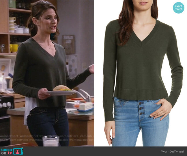 Concord V Neck Mixed Media Sweater by Veronica Beard worn by Leslie Curry (Lindsey Kraft) on Living Biblically