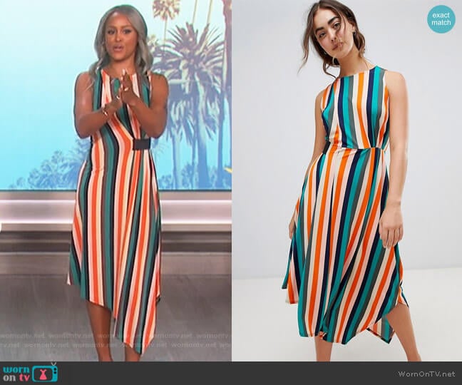 Rainbow Stripe Slinky Elastic Waist Midi Dress by Warehouse at Asos (worn backwards) worn by Eve on The Talk