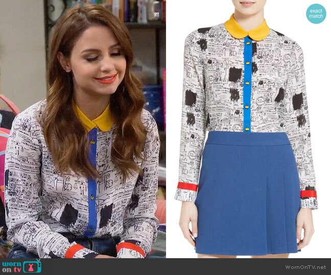 Alice + Olivia Gary Print Silk Blouse worn by Sofia Rodriguez (Aimee Carrero) on Young and Hungry