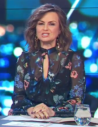 Lisa's black floral print key hole blouse on The Project