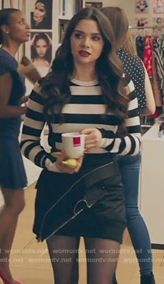 Jane's striped sweater and black mini skirt on The Bold Type