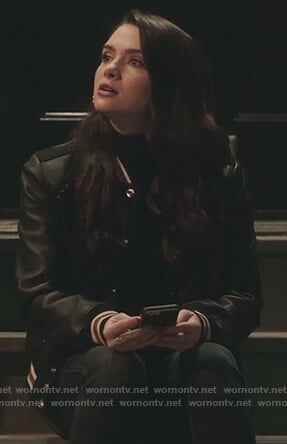 Jane’s black studded varsity jacket on The Bold Type