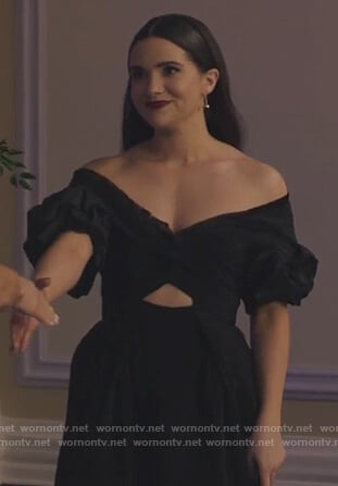 Jane's black off shoulder silk dress on The Bold Type