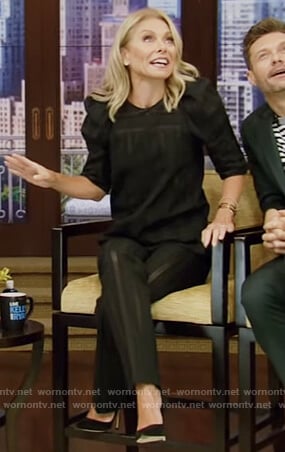 Kelly’s black puff shoulder blouse and embroidered pants on Live with Kelly and Ryan