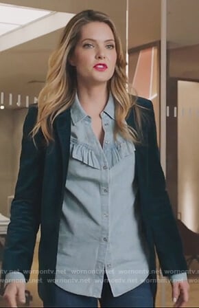 Sutton’s blue chambray ruffle shirt and green velvet blazer on The Bold Type