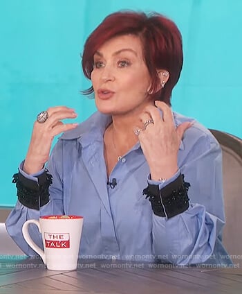 Sharon's blue embellished cuff blouse on The Talk