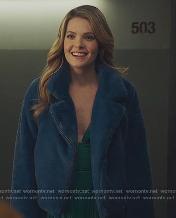 Sutton's blue fur cropped jacket on The Bold Type