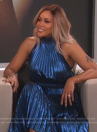 Eve’s blue pleated metallic dress on The Talk