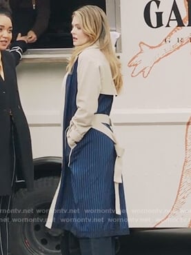 Sutton’s blue and beige striped trench coat on The Bold Type