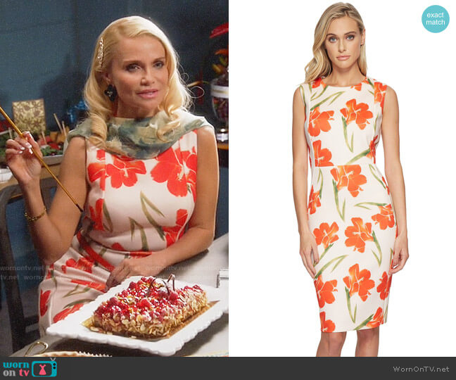 Calvin Klein Flower Print Sheath worn by Lavinia Peck-Foster (Kristin Chenoweth) on Trial and Error