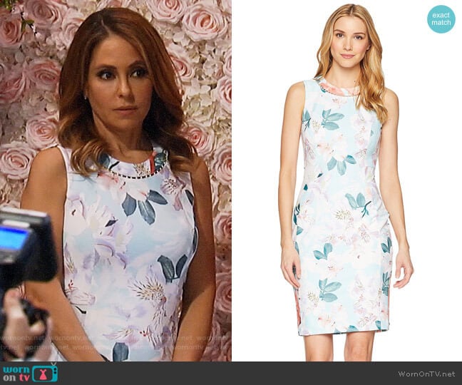 Calvin Klein Printed Sheath Dress w/ Pearls at the Neck worn by Olivia Falconeri (Lisa Lo Cicero) on General Hospital