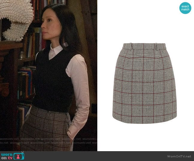 Carven Checked Wool Blend Mini Skirt worn by Joan Watson (Lucy Liu) on Elementary