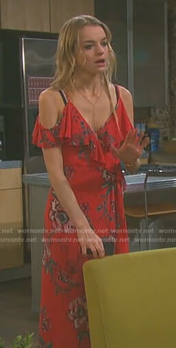 Claire's red floral cold-shoulder dress on Days of our Lives