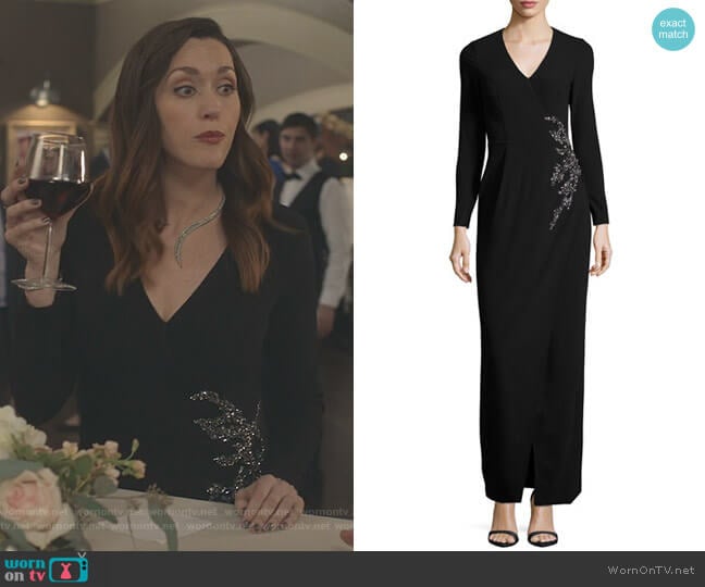 Long-Sleeve Embellished Faux-Wrap Gown by David Meister worn by Abigail Pershing (Sarah Power) on Good Witch