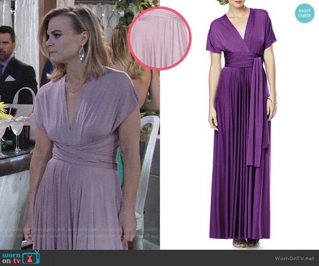 Dessy Collection Convertible Wrap Tie Surplice Jersey Gown in Suede Rose worn by Phyllis Newman (Gina Tognoni) on The Young and the Restless