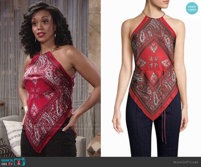 Diane von Furstenberg High Neck Scarf Blouse worn by Hilary Curtis (Mishael Morgan) on The Young & the Restless