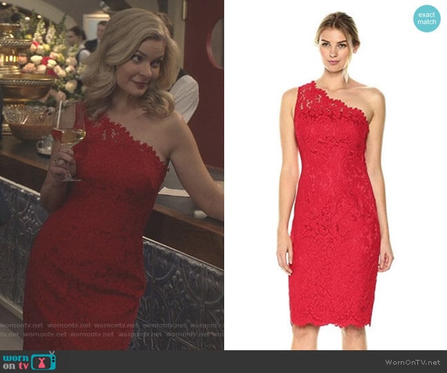 One Shoulder Lace Sheath by Eliza J worn by Stephanie Borden (Kylee Evans) on Good Witch