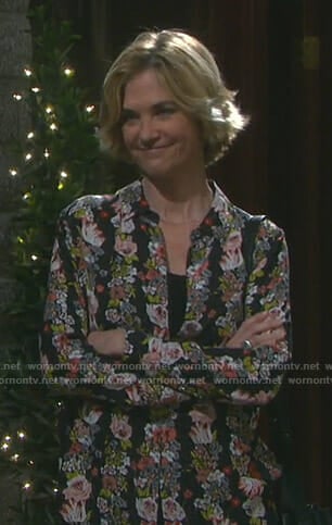 Eve’s black floral shirt on Days of our Lives