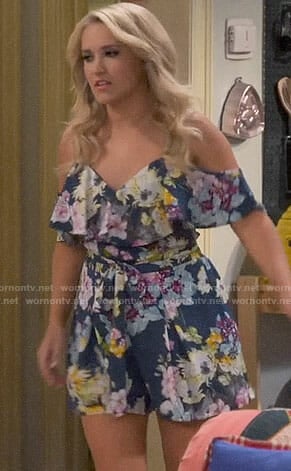 Gabi's blue floral cold-shoulder romper on Young and Hungry