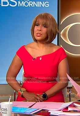 Gayle’s red asymmetric neckline dress on CBS Mornings