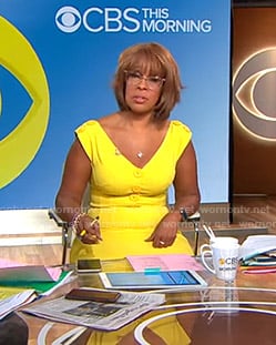 Gayle’s yellow buttoned v-neck dress on CBS Mornings