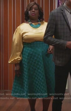 Barbara’s yellow satin blouse and green print skirt on Girlfriends Guide to Divorce