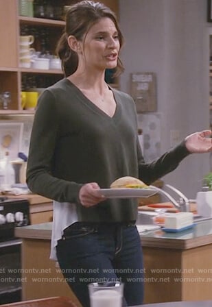 Leslie's green mixed media sweater on Living Biblically