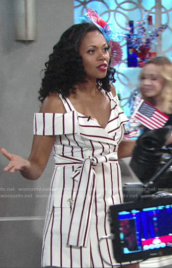 Hilary's striped cold-shoulder dress on The Young and the Restless