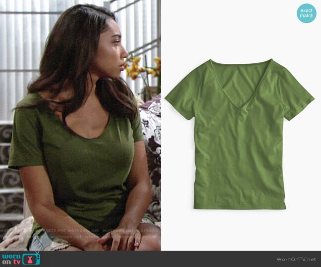 J. Crew Supersoft Supima® raw-edge V-neck T-shirt in Dark Moss worn by Shauna (Camryn Hamm) on The Young and the Restless