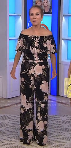 Kathie's black floral off shoulder jumpsuit on Today