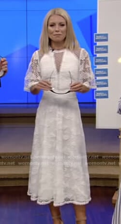 Kelly’s white short sleeve lace midi dress on Live with Kelly and Ryan