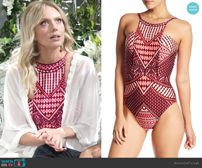 Kenneth Cole Hidden Paradise High Neck One-Piece Swimsuit worn by Abby Newman (Melissa Ordway) on The Young and the Restless