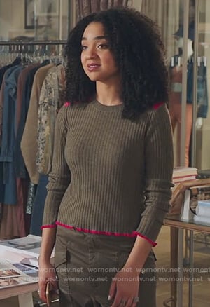 Kat's khaki ribbed sweater on The Bold Type