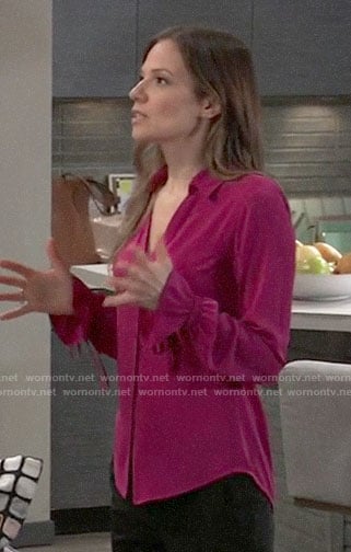 Kim’s pink button front blouse with ruffle cuffs on General Hospital