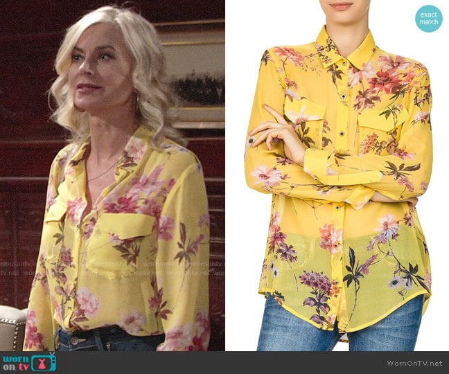 The Kooples Moulin Jaune Sheer Floral-Print Silk Shirt worn by Ashley Abbott (Eileen Davidson) on The Young and the Restless