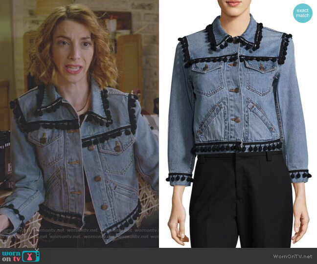 Shrunken Pom-Pom Cropped Denim Jacket by Marc Jacobs worn by Lauren (Molly Bernard) on Younger