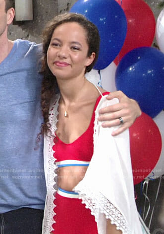 Mattie's red striped trim bikini on The Young and the Restless