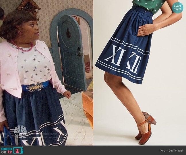 ModCloth Charming Cotton Skirt with Pockets in Navy Numerals worn by Anne Flatch (Sherri Shepherd) on Trial and Error