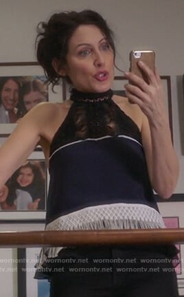 Abby's blue halterneck top with fringe detail on Girlfriends Guide to Divorce