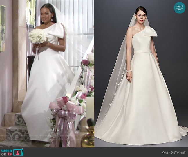 Oleg Cassini Bow-Shoulder Mikado Wedding Dress worn by Hilary Curtis (Mishael Morgan) on The Young and the Restless