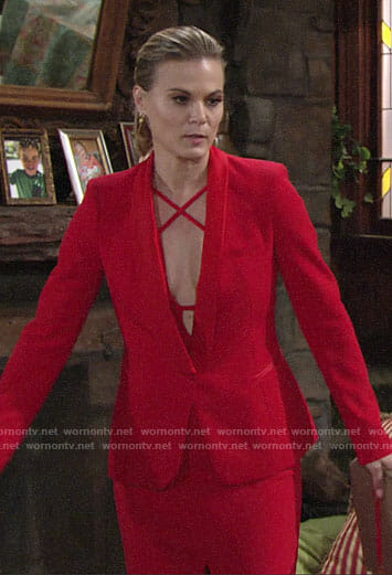 Phyllis’s red plunge neck dress and blazer on The Young and the Restless