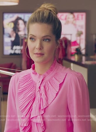 Sutton's pink ruffle front blouse on The Bold Type